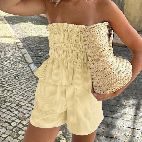 Yellow Boho Womens Striped tube Top And Shorts Set - Picture 4 of 11